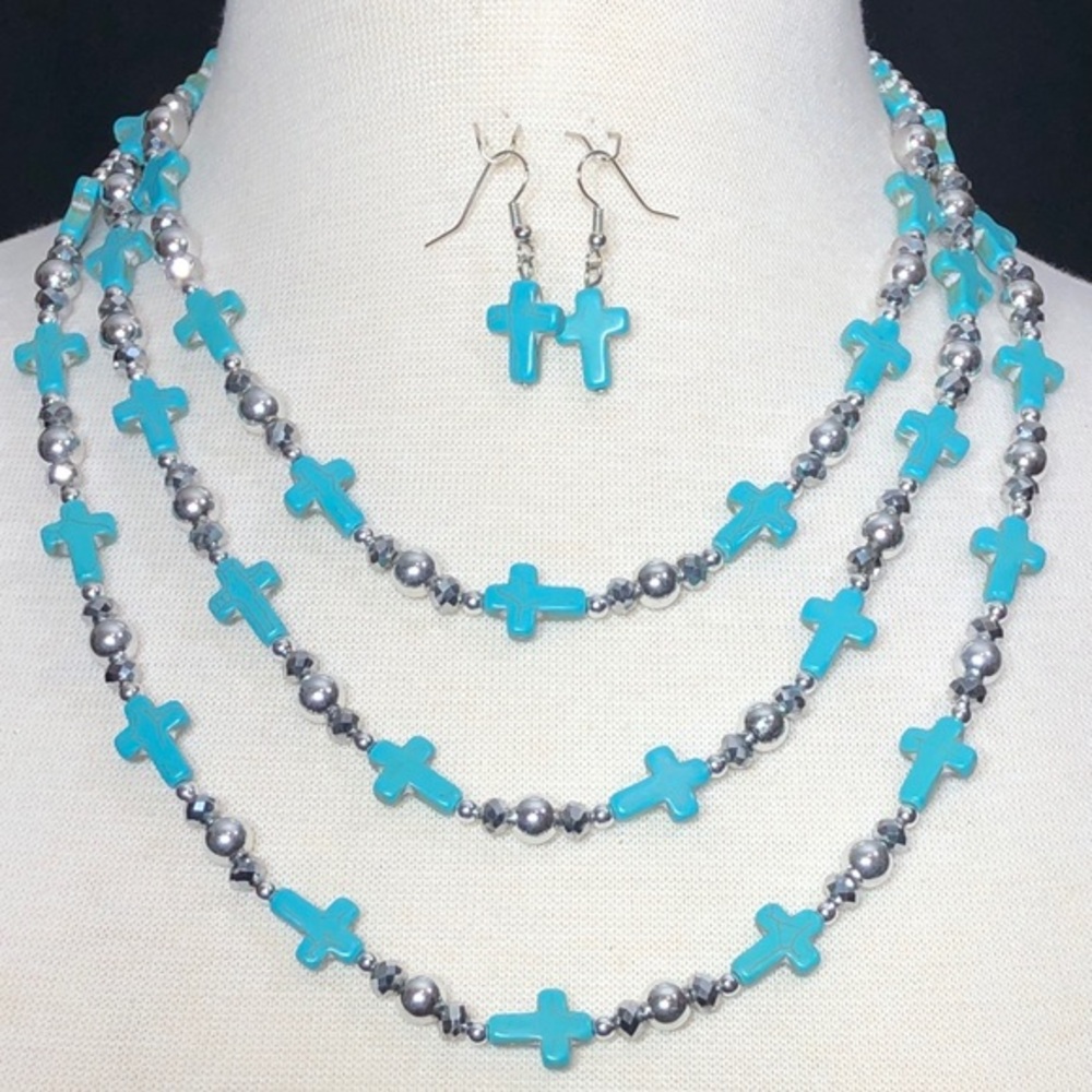 3 Row Turquoise Sideways Cross Necklace Set